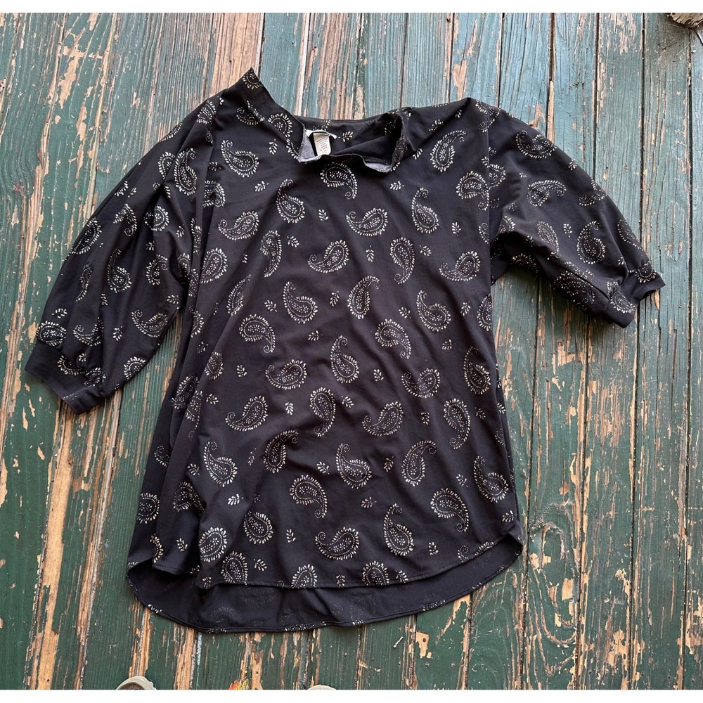 Maggie Sweet Vintage Black Gold Paisley Crepe Blouse 3/4 Sleeve Plus Size 26
